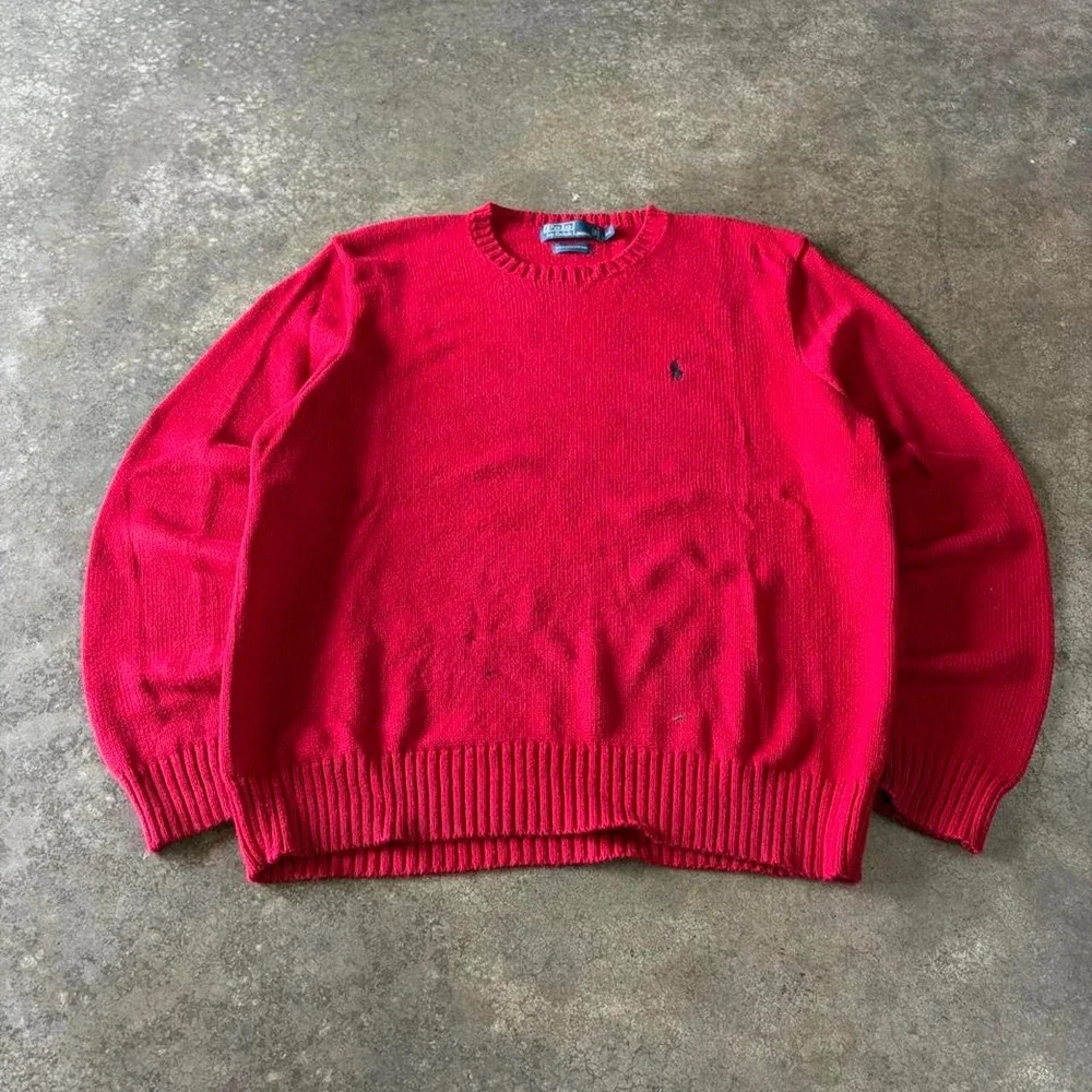 Vintage Polo Ralph Lauren Red Pima Cotton Knit Sweater Mens XL 90s Crewneck